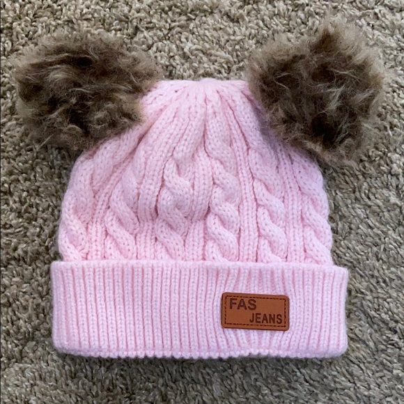 Other - Pink knitted beanie hat with brown fur puff balls